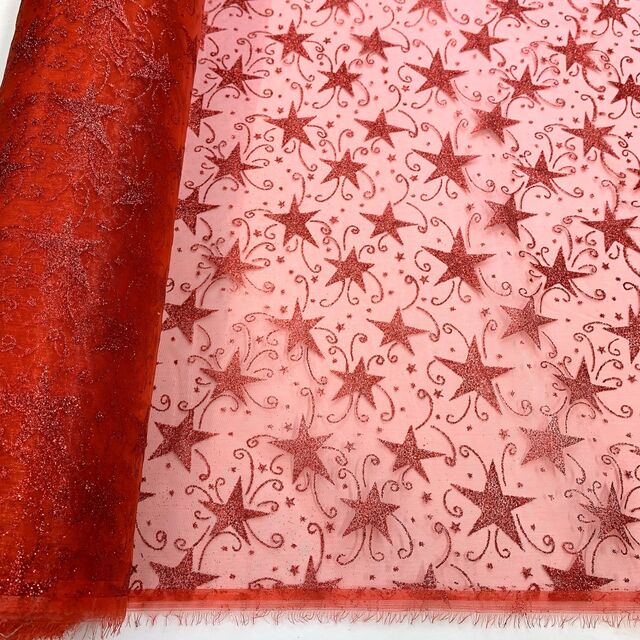 Christmas Organza - Glitter Stars - Red