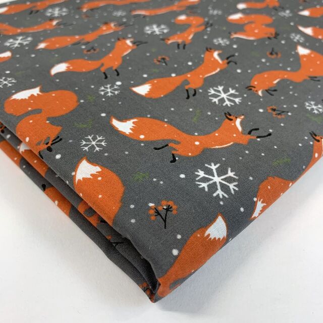 Christmas Poly/Cotton - Festive Fox - Grey